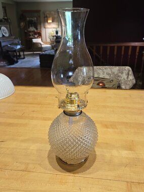 Vintage Lamplight Farms Diamond Point Clear Glass Kerosene Hurricane Oil Lamp